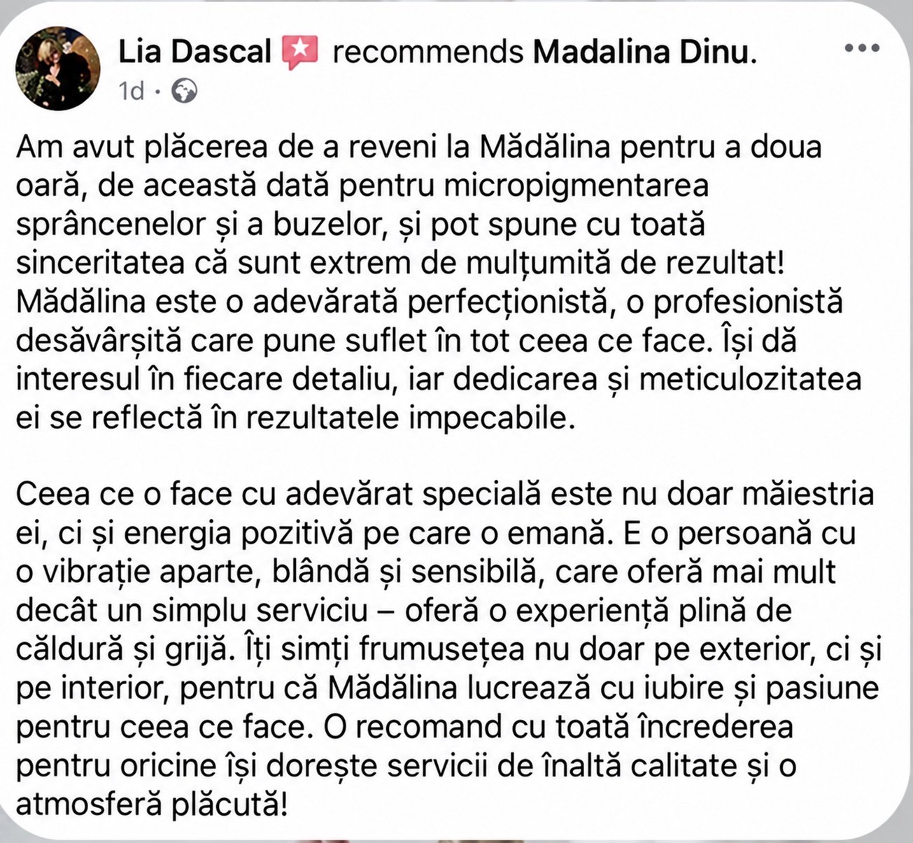 Recomandare reală și detaliată pentru serviciile Mădălinei